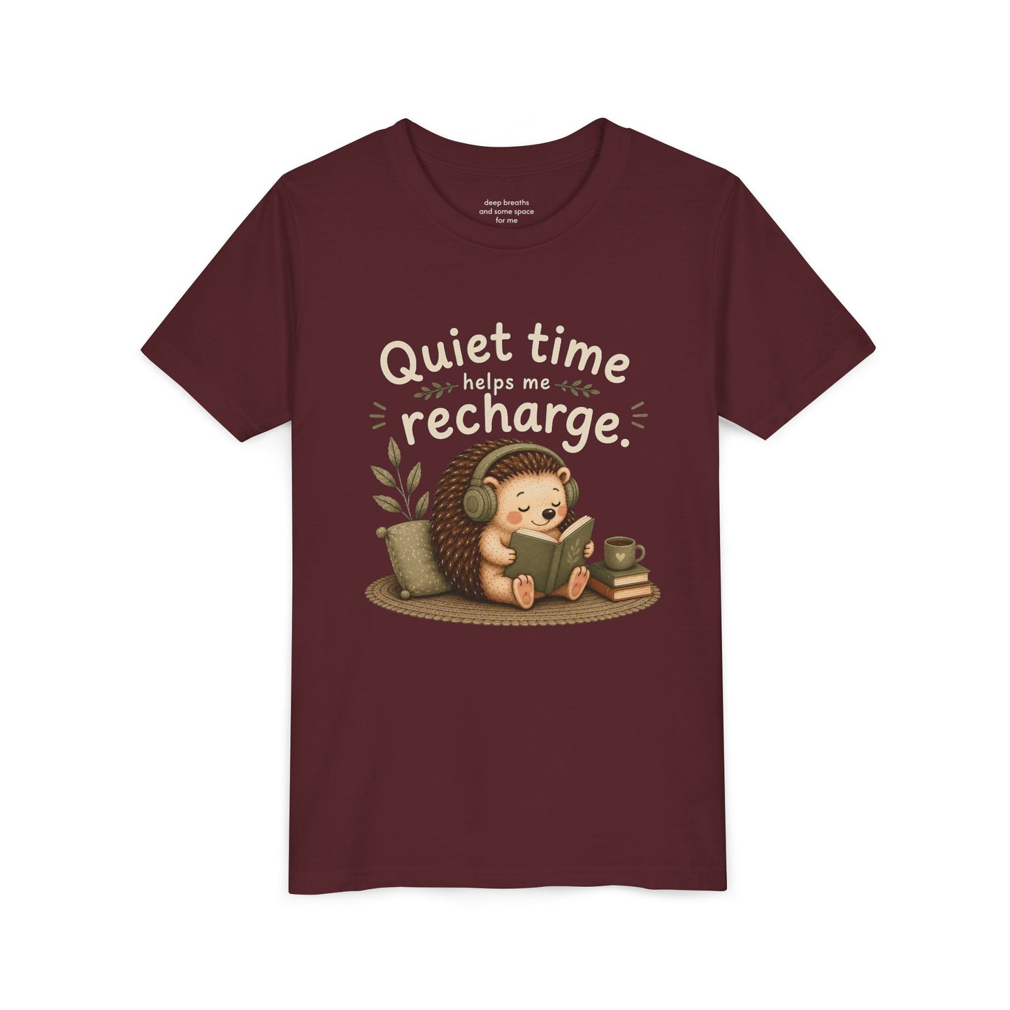 Youth Tee — "Quiet Time Helps Me Recharge" Cute Reading Hedgehog Kids Shirt
