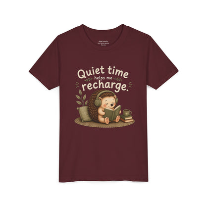 Youth Tee — "Quiet Time Helps Me Recharge" Cute Reading Hedgehog Kids Shirt