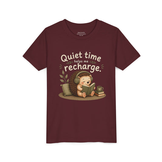 Youth Tee — "Quiet Time Helps Me Recharge" Cute Reading Hedgehog Kids Shirt