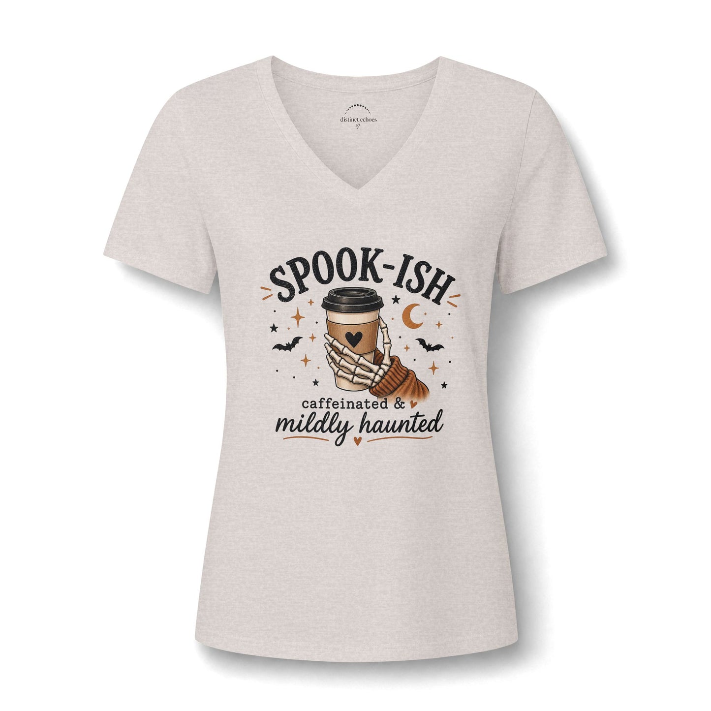 Spook-ish V‑Neck Tee — "Caffeinated & Mildly Haunted" Halloween Coffee Shirt
