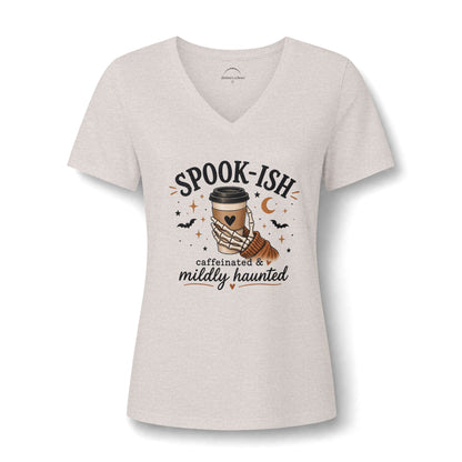 Spook-ish V‑Neck Tee — "Caffeinated & Mildly Haunted" Halloween Coffee Shirt