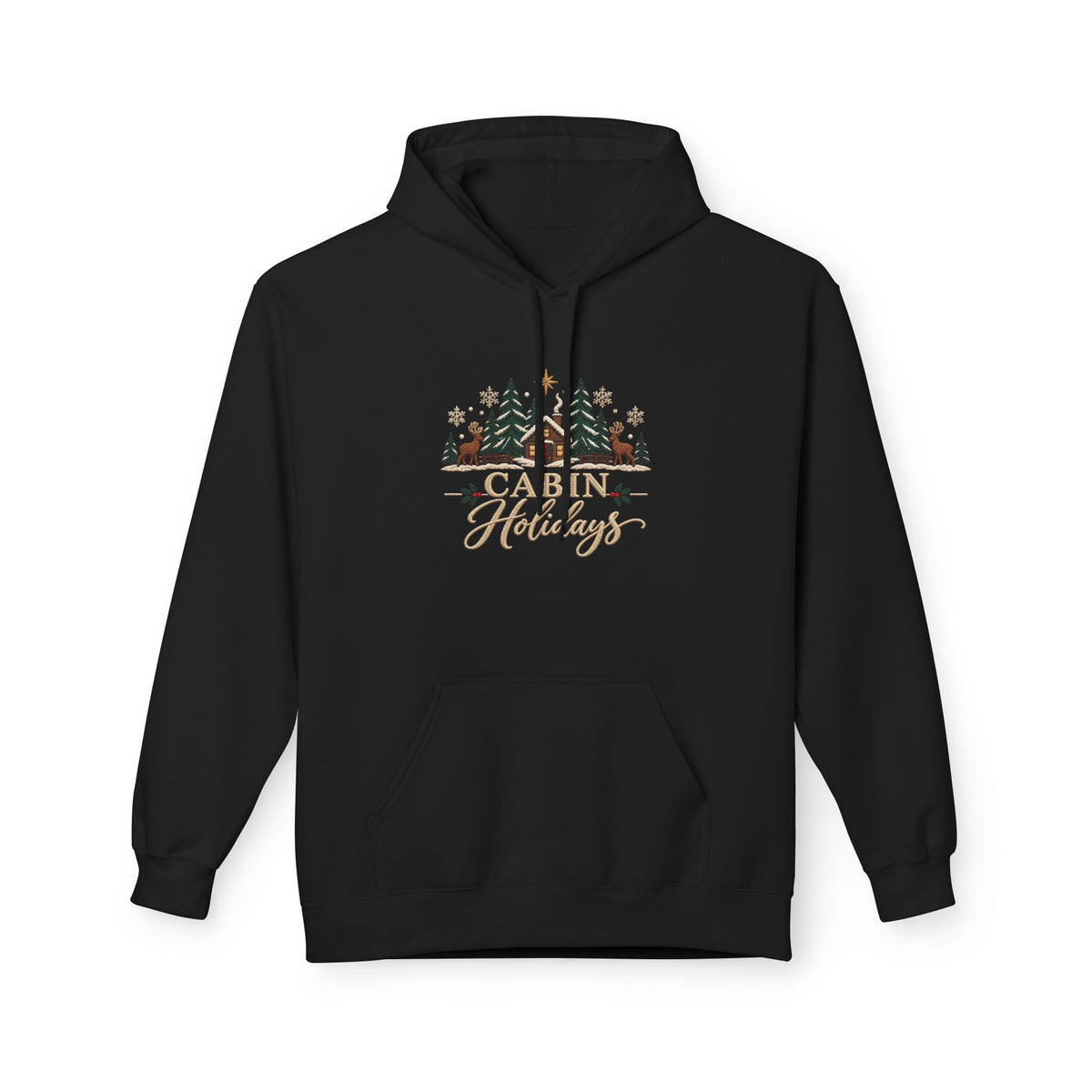 Cabin Holidays Midweight Fleece Hoodie - Faux-Embroidery, S - 5XL