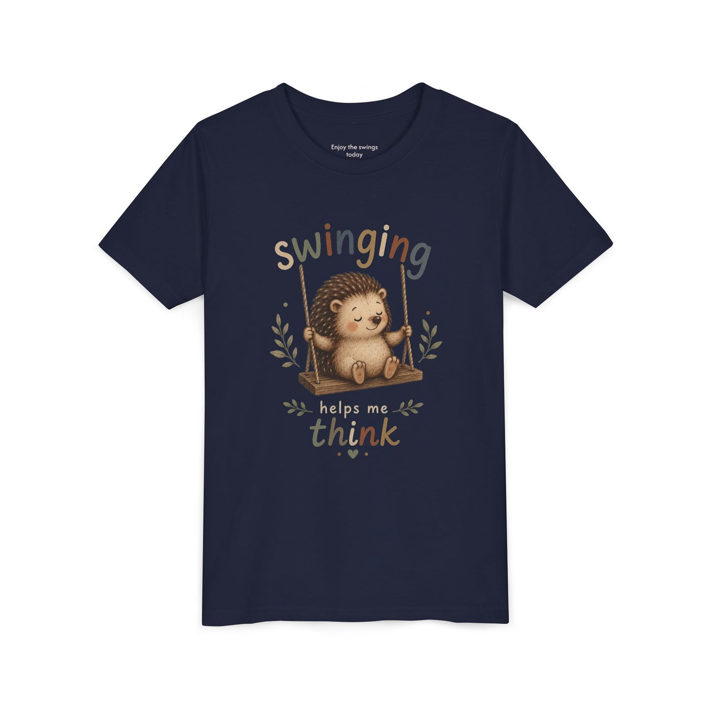 Hedgehog Swing Youth Tee – “Swinging Helps Me Think” Cute Kids Graphic T-Shirt