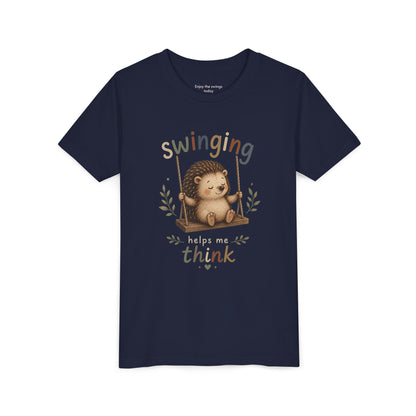 Hedgehog Swing Youth Tee – “Swinging Helps Me Think” Cute Kids Graphic T-Shirt
