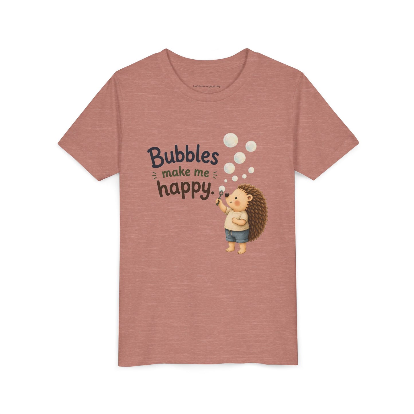 Youth Tee — "Bubbles Make Me Happy" Hedgehog Bubble-Blowing Kids Shirt