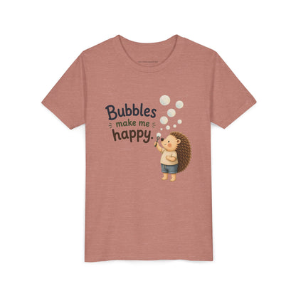 Youth Tee — "Bubbles Make Me Happy" Hedgehog Bubble-Blowing Kids Shirt