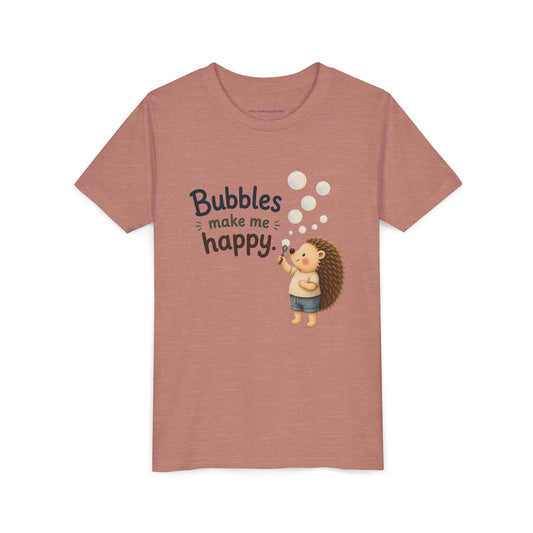 Youth Tee — "Bubbles Make Me Happy" Hedgehog Bubble-Blowing Kids Shirt