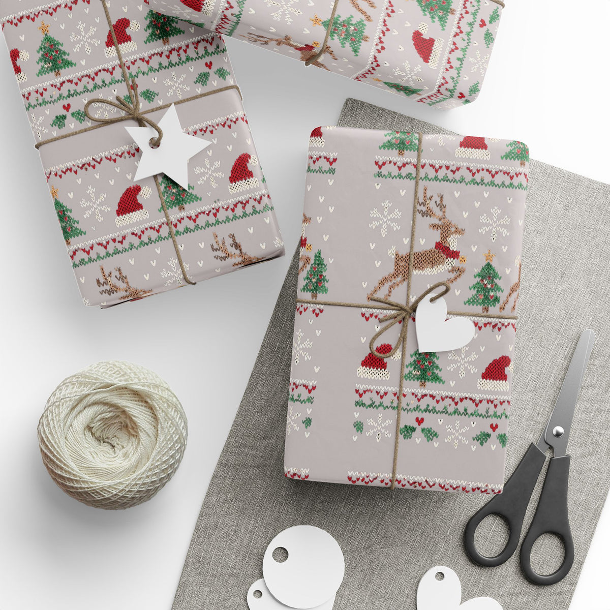 Christmas Wrapping Paper with Reindeer, Trees, Santa Hats & Snowflakes 30"x 36"