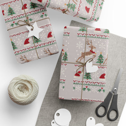 Christmas Wrapping Paper with Reindeer, Trees, Santa Hats & Snowflakes 30"x 36"