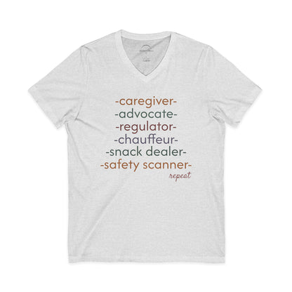 Caregiver Roles Checklist V-Neck Tee — Fun Caregiver Appreciation Shirt
