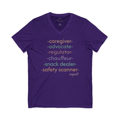 Caregiver Roles Checklist V-Neck Tee — Fun Caregiver Appreciation Shirt
