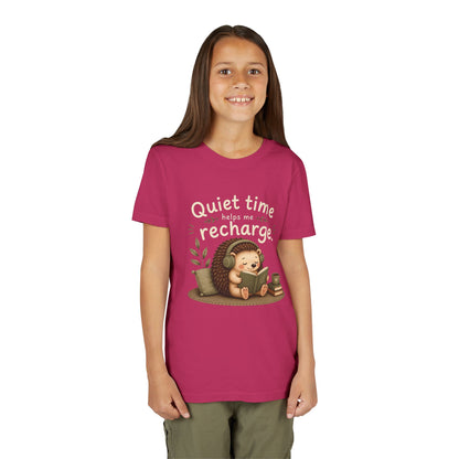 Youth Tee — "Quiet Time Helps Me Recharge" Cute Reading Hedgehog Kids Shirt