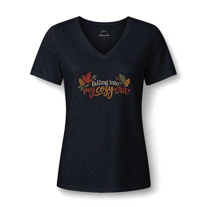 Women's Fall V-Neck Tee - "Falling into My Cozy Era" Faux Embroidery