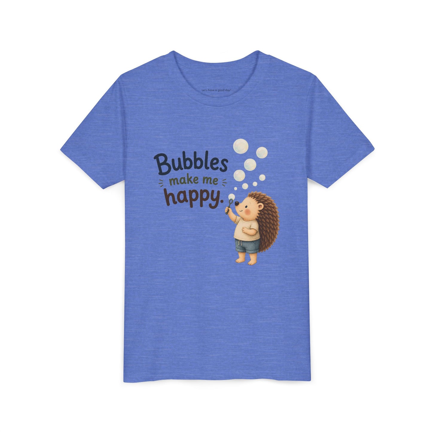 Youth Tee — "Bubbles Make Me Happy" Hedgehog Bubble-Blowing Kids Shirt