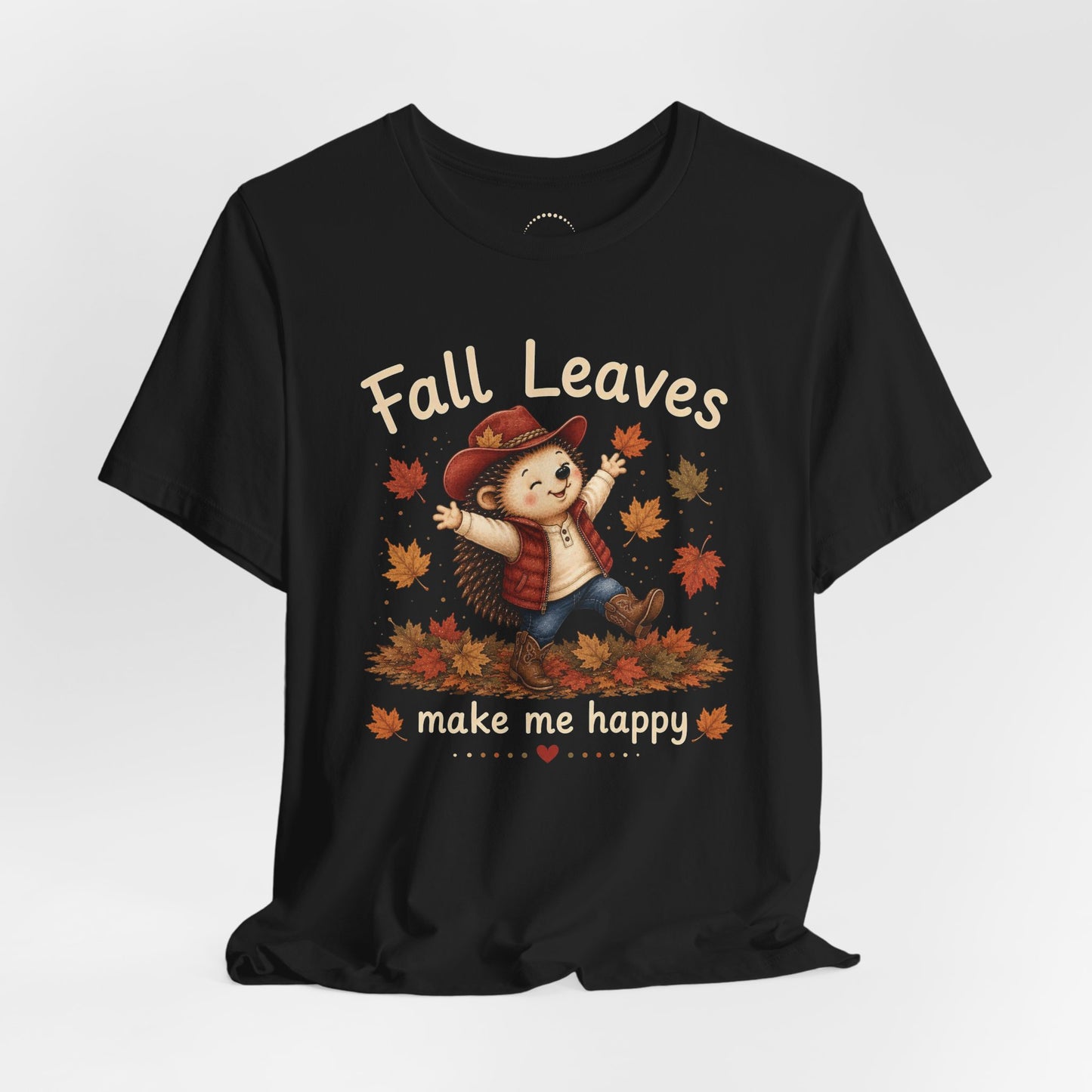 Fall Leaves Make Me Happy Tee — Cute Hedgehog Autumn Graphic T-Shirt
