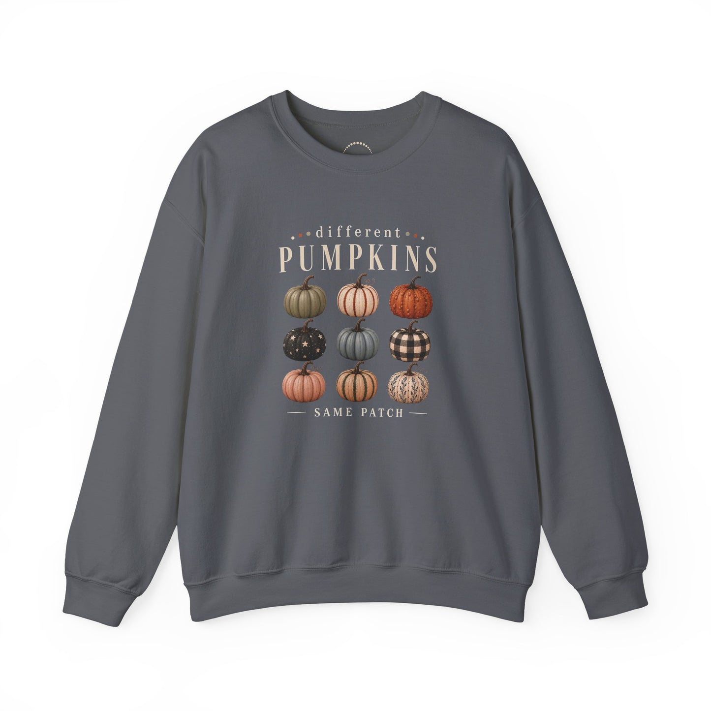 Crewneck Sweatshirt — 'Different Pumpkins, Same Patch' Fall Graphic Pullover