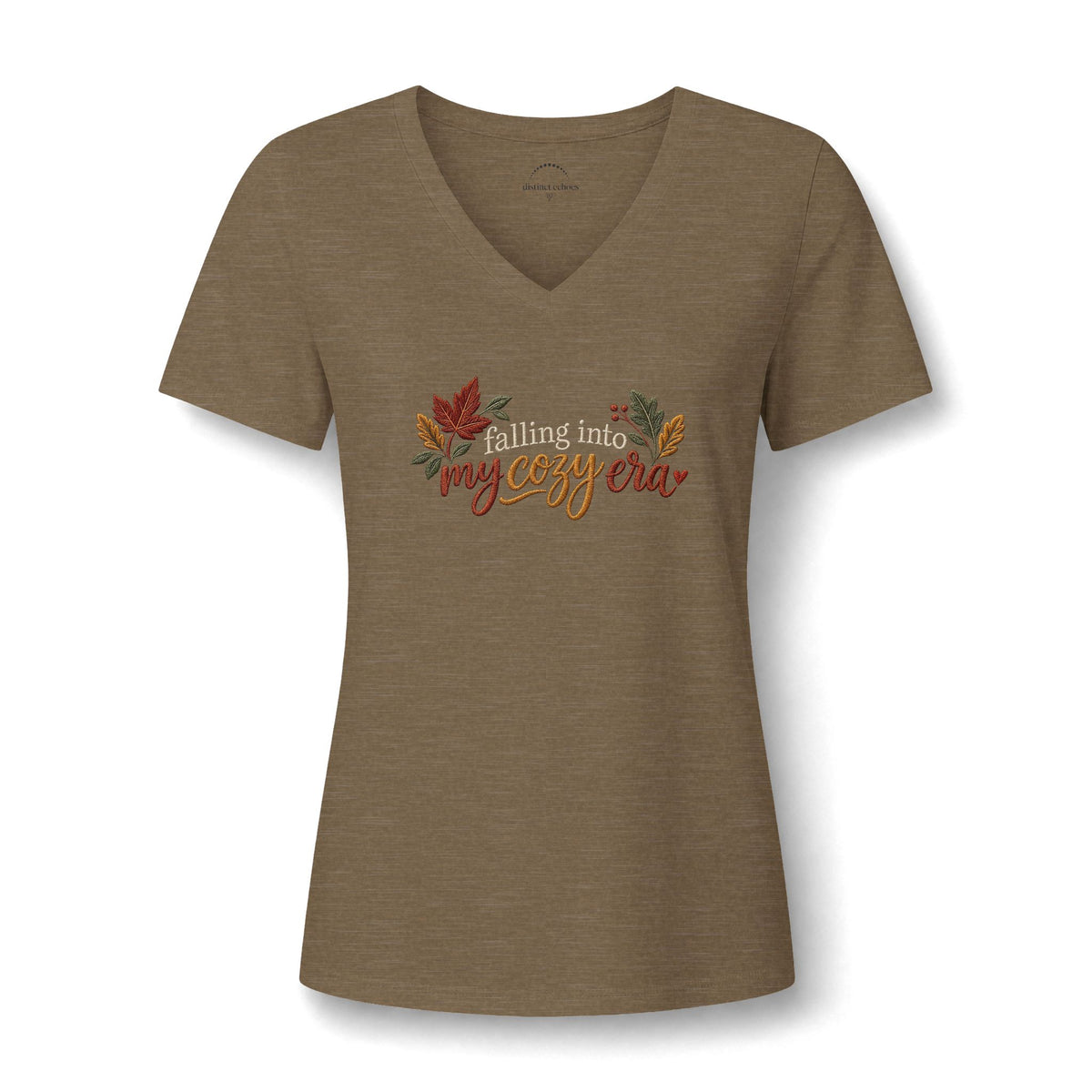 Women's Fall V-Neck Tee - "Falling into My Cozy Era" Faux Embroidery