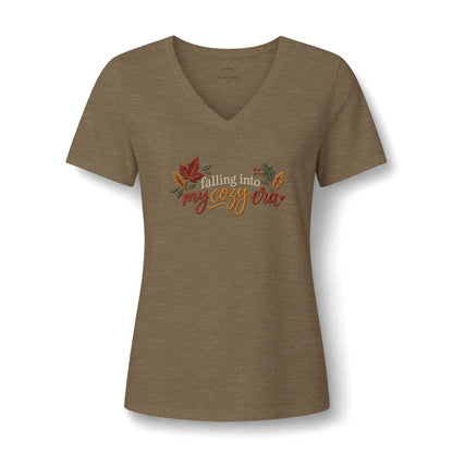 Women's Fall V-Neck Tee - "Falling into My Cozy Era" Faux Embroidery