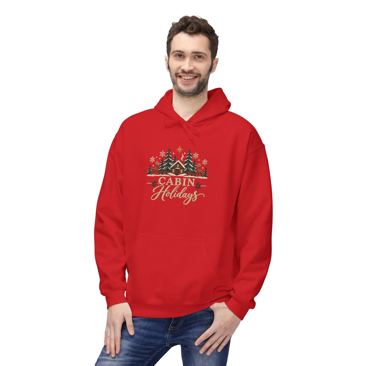 Cabin Holidays Midweight Fleece Hoodie - Faux-Embroidery, S - 5XL