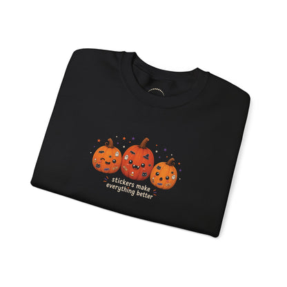 Pumpkin Trio Sweatshirt - 'Stickers Make Everything Better' Halloween Fun