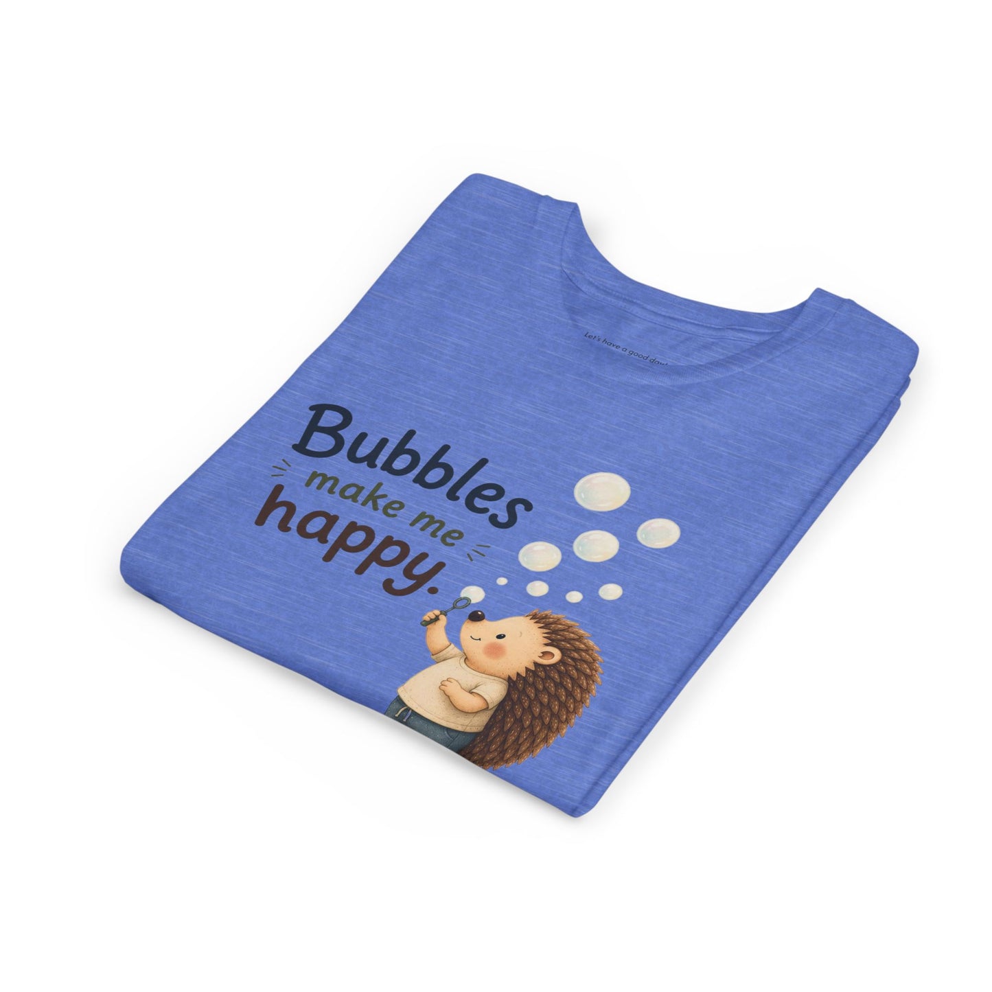 Youth Tee — "Bubbles Make Me Happy" Hedgehog Bubble-Blowing Kids Shirt