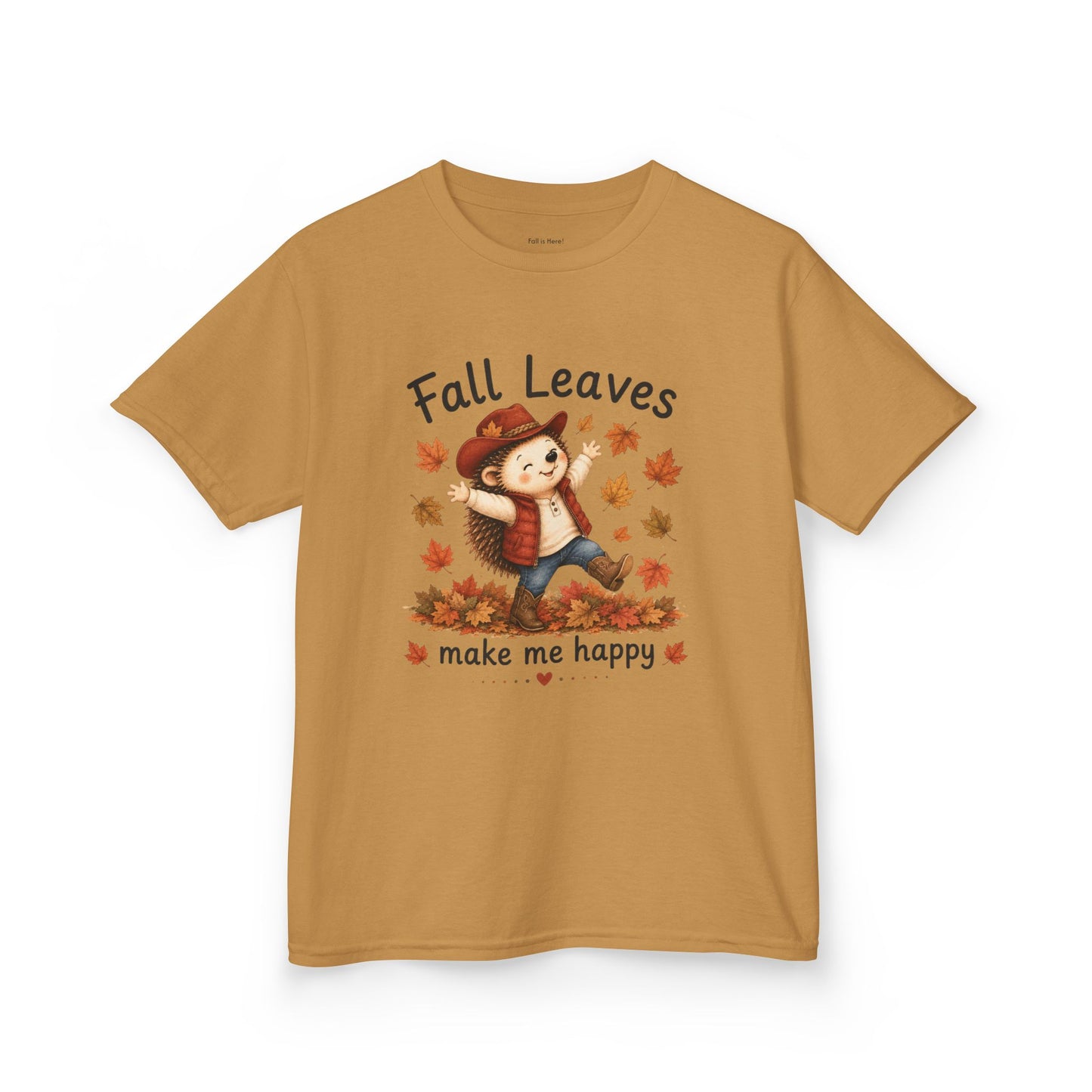 Kids T‑Shirt — 'Fall Leaves Make Me Happy' Cute Autumn Hedgehog Tee