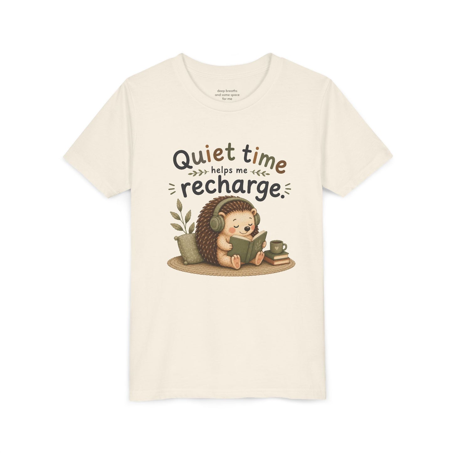 Youth Tee — "Quiet Time Helps Me Recharge" Cute Reading Hedgehog Kids Shirt