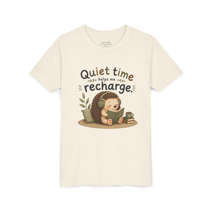 Youth Tee — "Quiet Time Helps Me Recharge" Cute Reading Hedgehog Kids Shirt