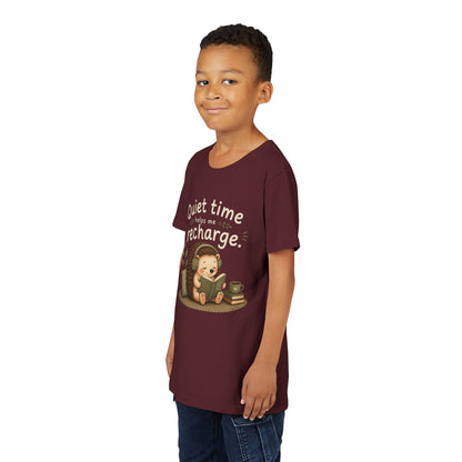 Youth Tee — "Quiet Time Helps Me Recharge" Cute Reading Hedgehog Kids Shirt