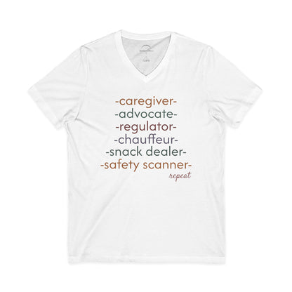 Caregiver Roles Checklist V-Neck Tee — Fun Caregiver Appreciation Shirt