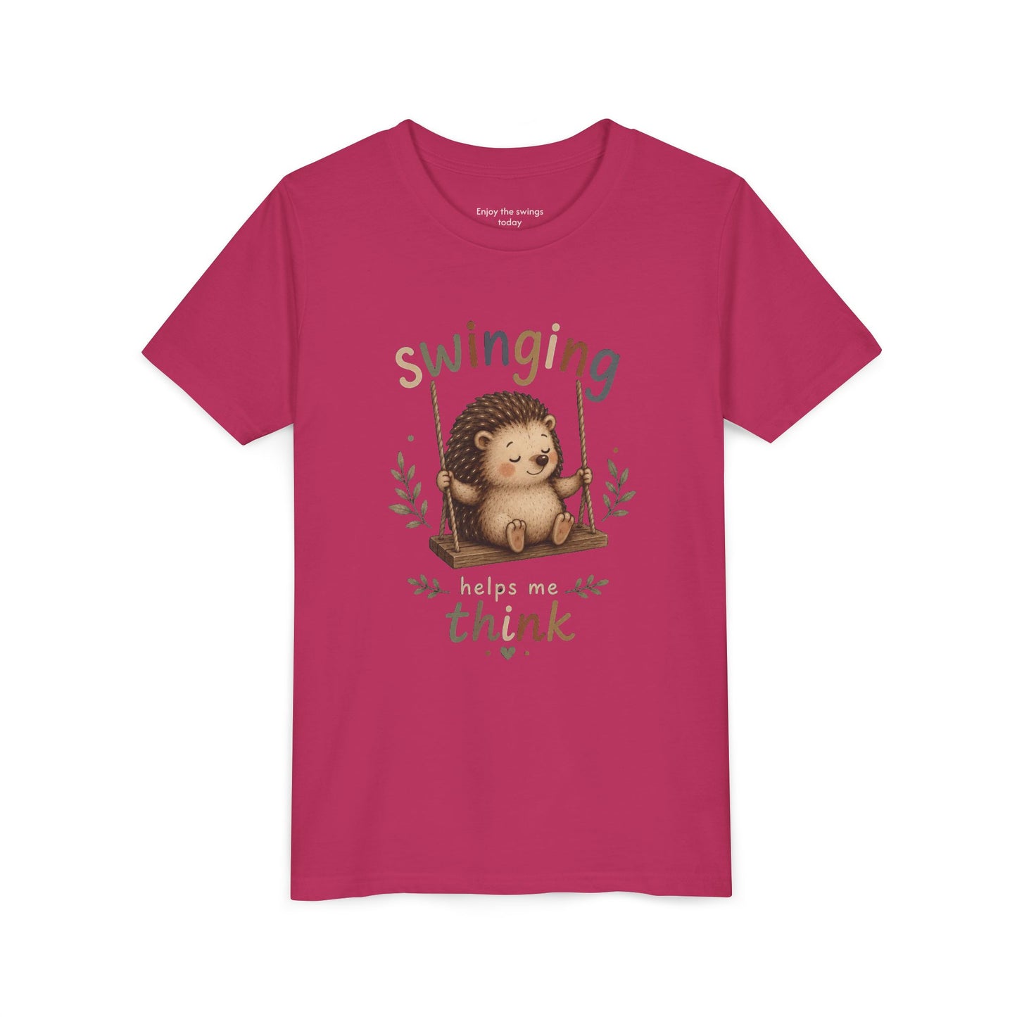 Hedgehog Swing Youth Tee – “Swinging Helps Me Think” Cute Kids Graphic T-Shirt