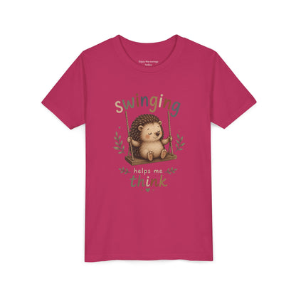 Hedgehog Swing Youth Tee – “Swinging Helps Me Think” Cute Kids Graphic T-Shirt