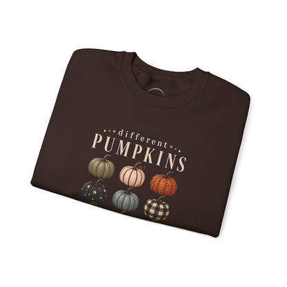 Crewneck Sweatshirt — 'Different Pumpkins, Same Patch' Fall Graphic Pullover