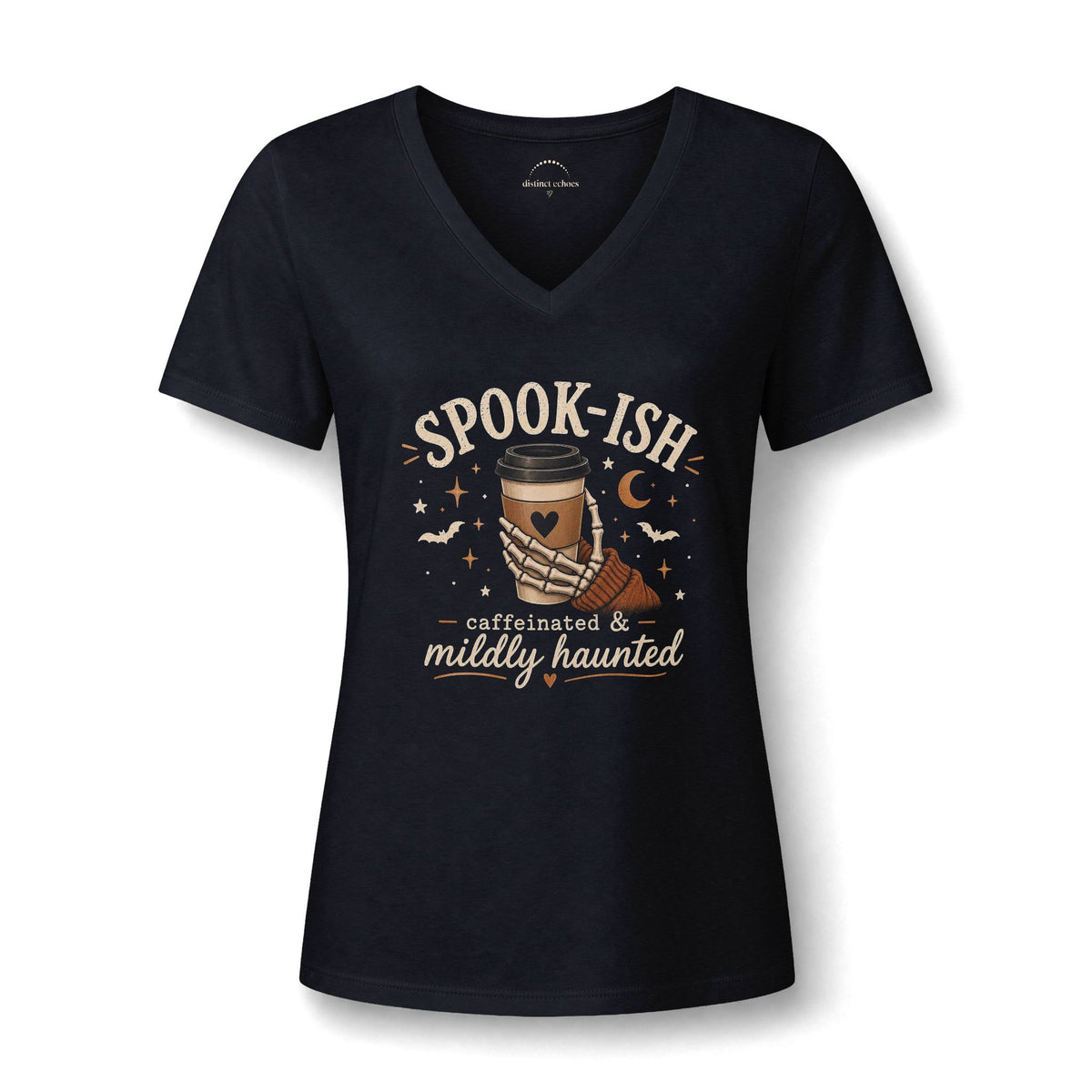 Spook-ish V‑Neck Tee — "Caffeinated & Mildly Haunted" Halloween Coffee Shirt