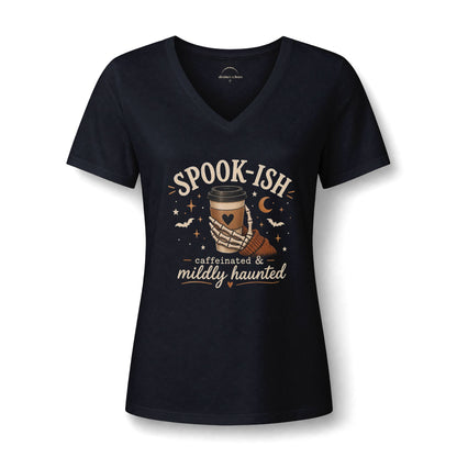 Spook-ish V‑Neck Tee — "Caffeinated & Mildly Haunted" Halloween Coffee Shirt