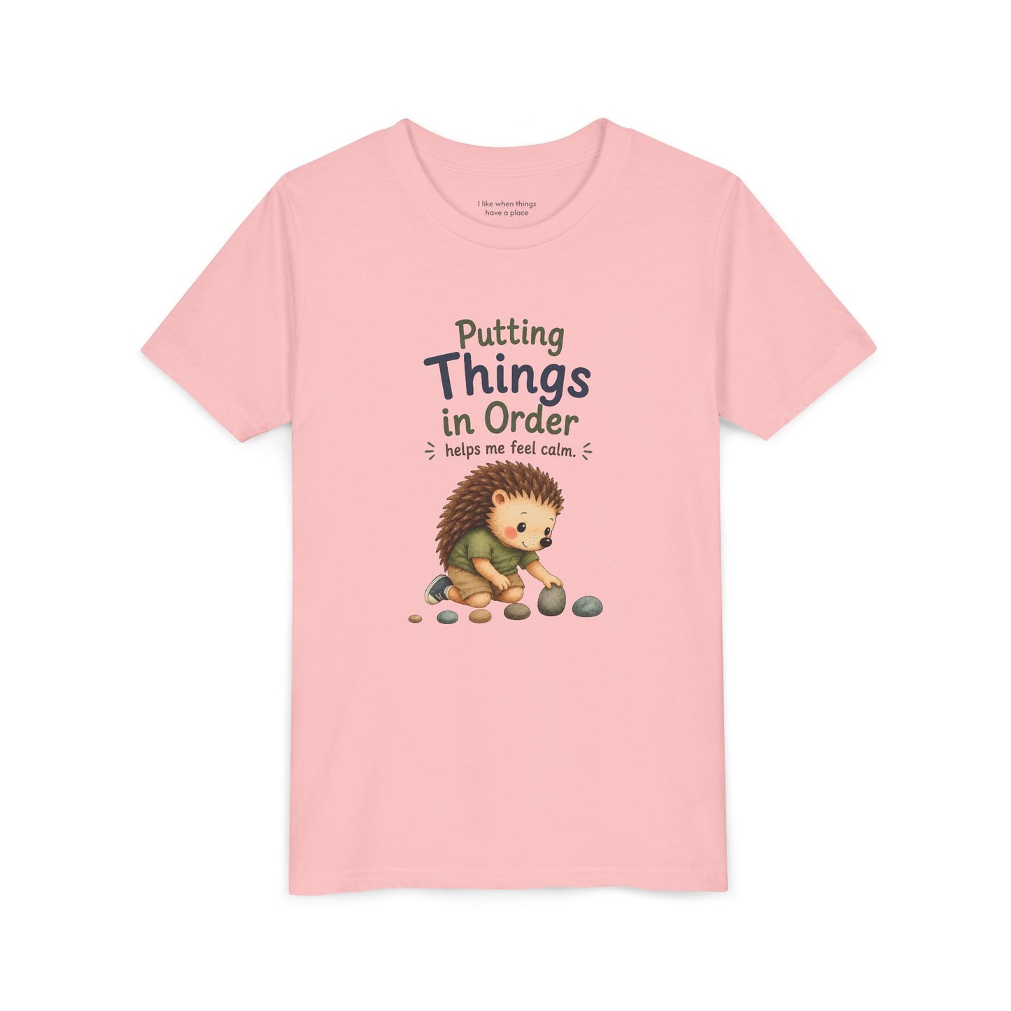 Youth Tee — "Putting Things in Order Helps Me Feel Calm" Cute Hedgehog Kids Shirt