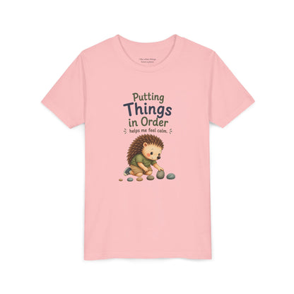 Youth Tee — "Putting Things in Order Helps Me Feel Calm" Cute Hedgehog Kids Shirt