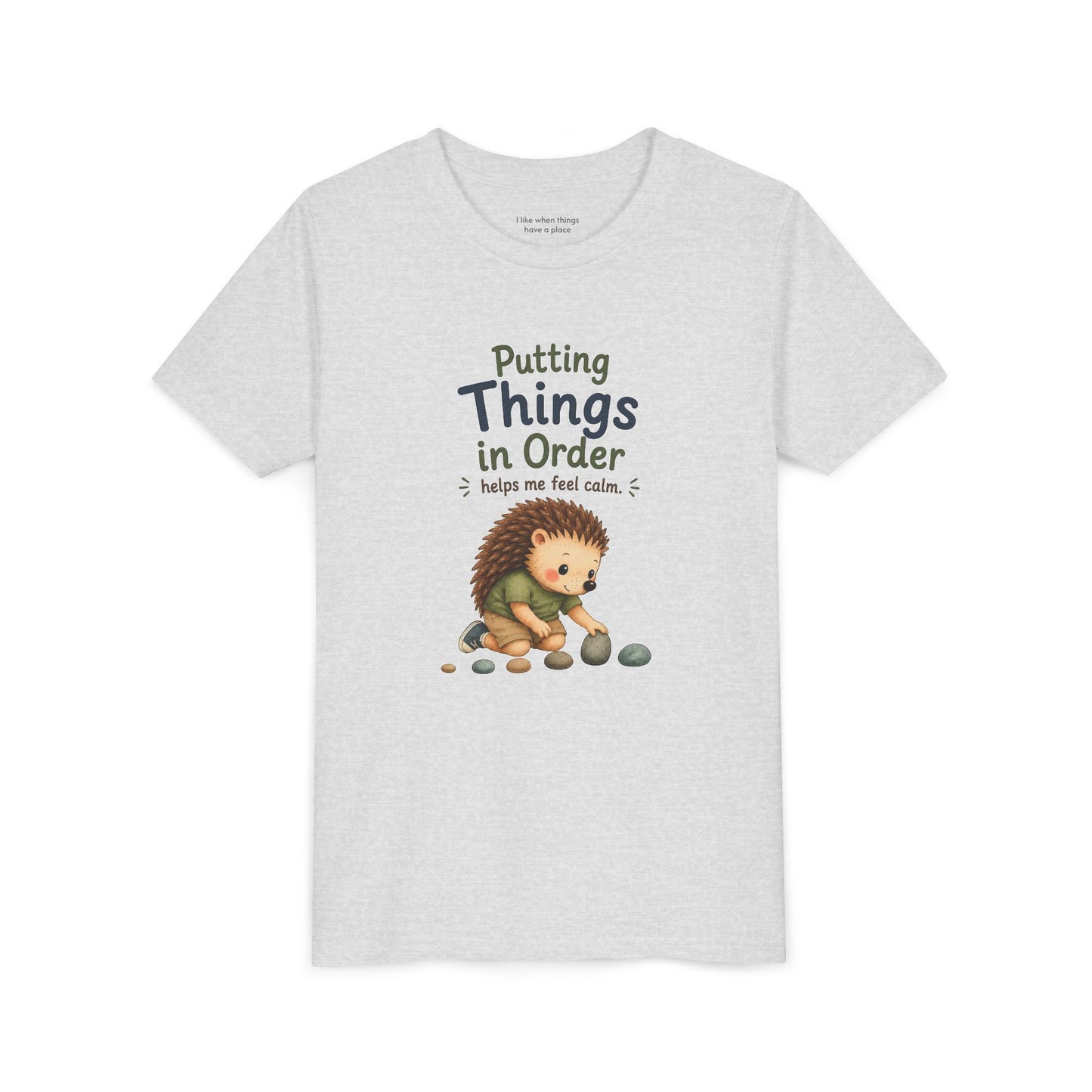 Youth Tee — "Putting Things in Order Helps Me Feel Calm" Cute Hedgehog Kids Shirt