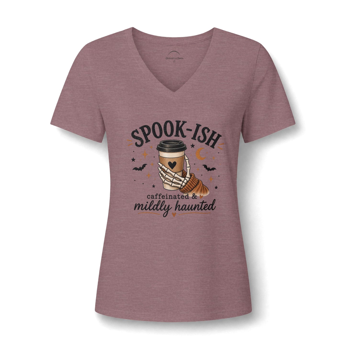 Spook-ish V‑Neck Tee — "Caffeinated & Mildly Haunted" Halloween Coffee Shirt
