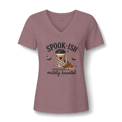 Spook-ish V‑Neck Tee — "Caffeinated & Mildly Haunted" Halloween Coffee Shirt
