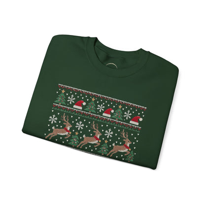 Festive Reindeer Faux-Knit Christmas Crewneck Sweatshirt