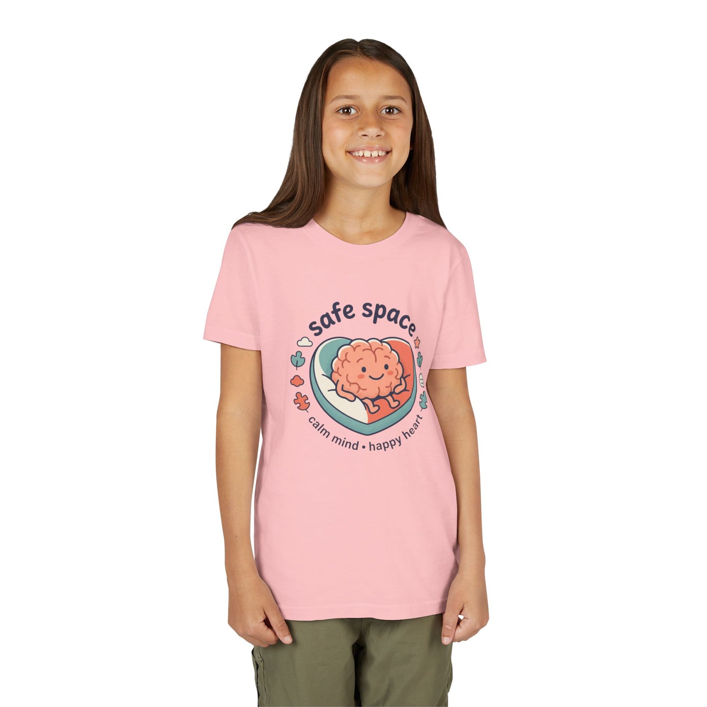 Youth Tee — Safe Space Calm Mind Happy Heart Soft Graphic
