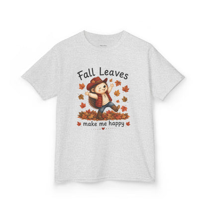 Kids T‑Shirt — 'Fall Leaves Make Me Happy' Cute Autumn Hedgehog Tee