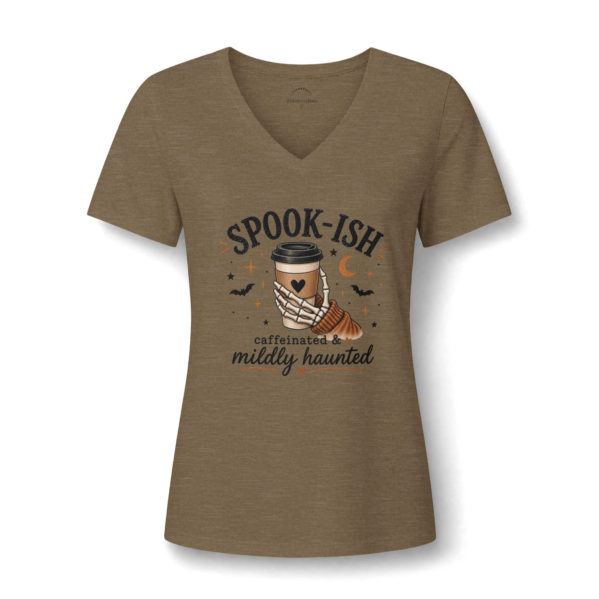 Spook-ish V‑Neck Tee — "Caffeinated & Mildly Haunted" Halloween Coffee Shirt