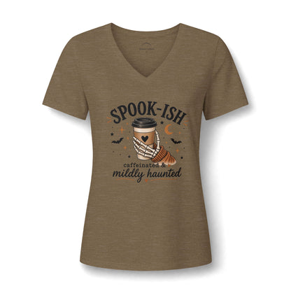 Spook-ish V‑Neck Tee — "Caffeinated & Mildly Haunted" Halloween Coffee Shirt