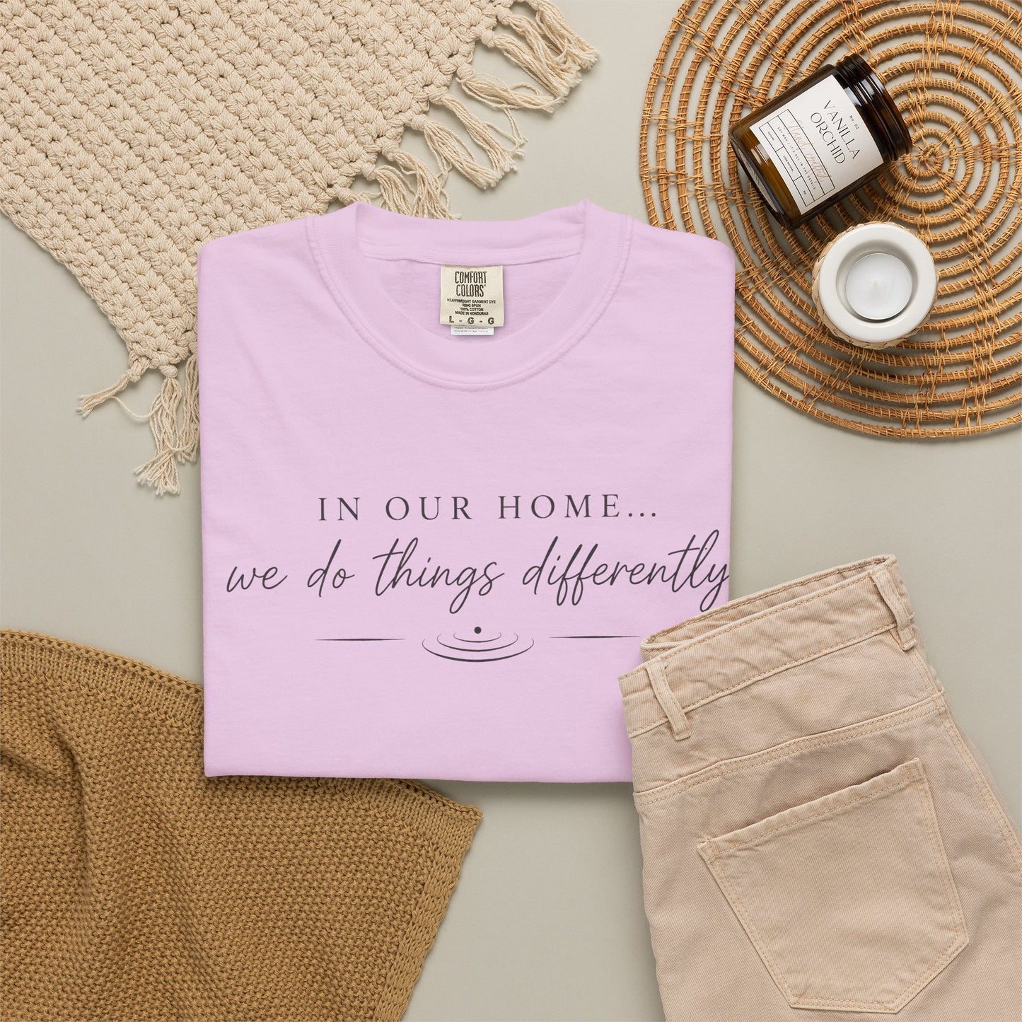 T-Shirt — "In Our Home We Do Things Differently" Minimal Script Tee