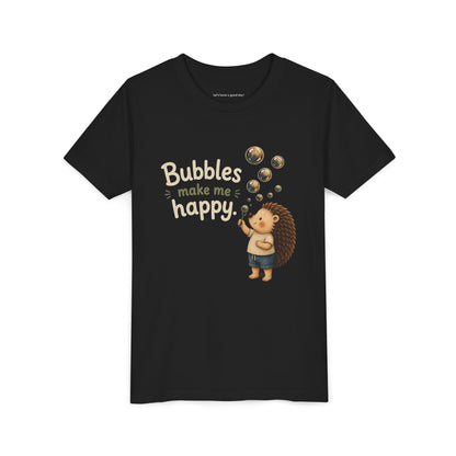 Youth Tee — "Bubbles Make Me Happy" Hedgehog Bubble-Blowing Kids Shirt