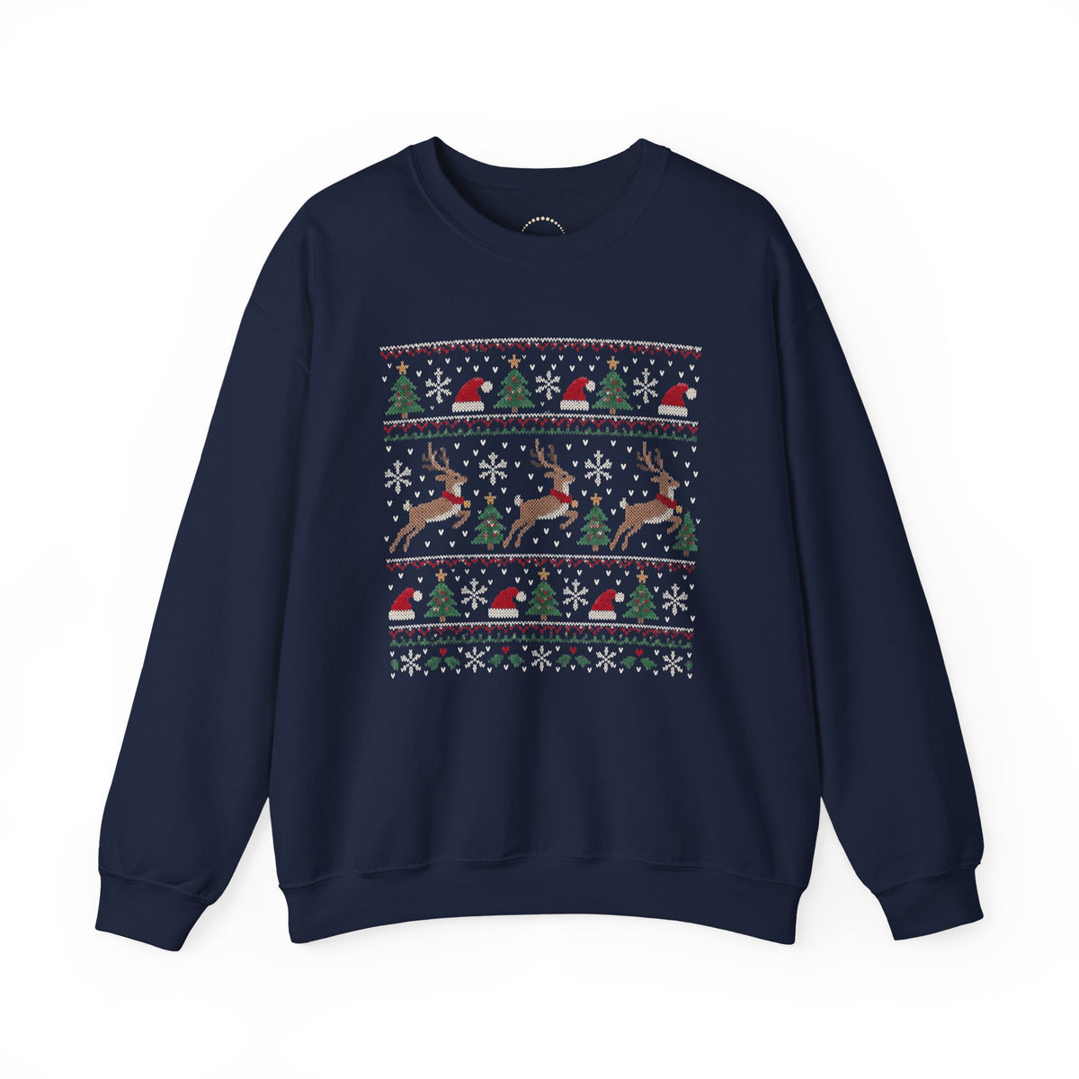 Festive Reindeer Faux-Knit Christmas Crewneck Sweatshirt