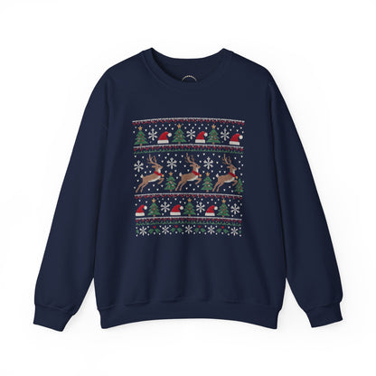 Festive Reindeer Faux-Knit Christmas Crewneck Sweatshirt