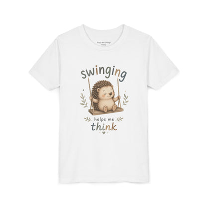 Hedgehog Swing Youth Tee – “Swinging Helps Me Think” Cute Kids Graphic T-Shirt